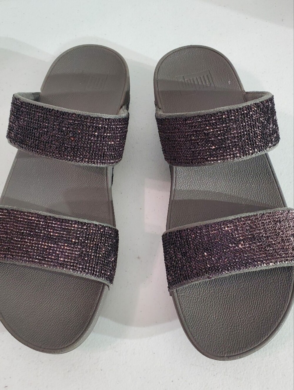 Women’s Sz 11 Sparkle Double-Strap Slide Sandals - Gray